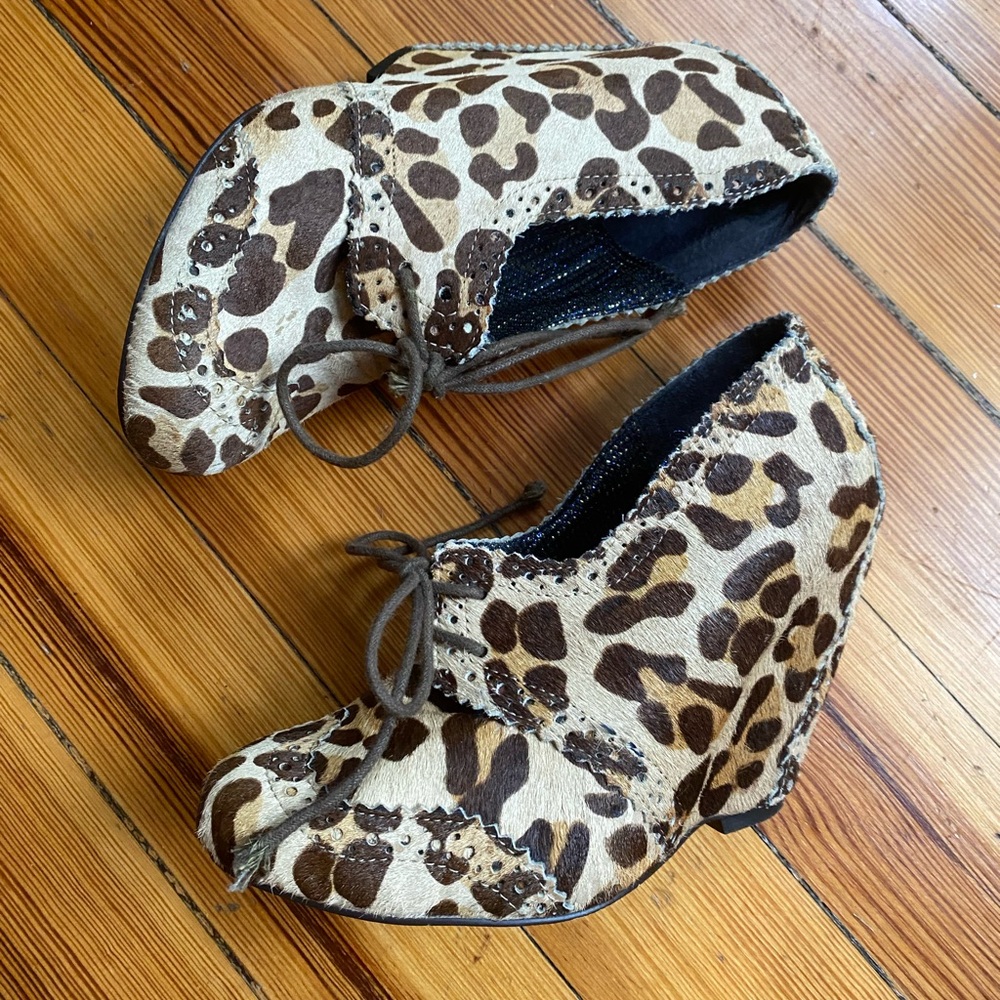 Irregular Choice Leopard ponyhair Print Lace-Up Wedge Booties